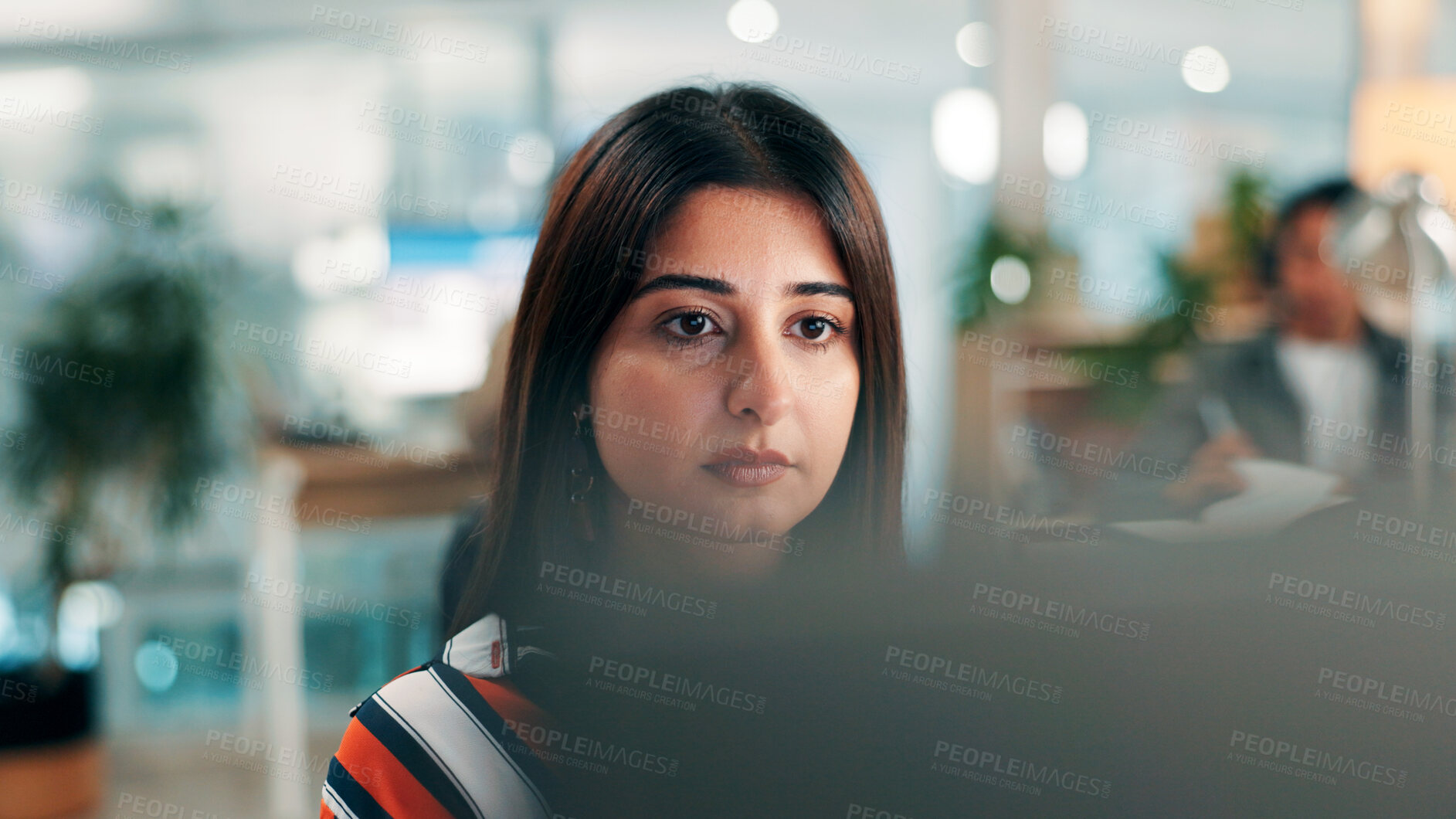 Buy stock photo Reading, employee and woman with computer, office or journalist with story for magazine and serious. Review, project and person with tech for article publication, creative and reporter in newsroom