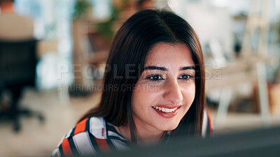 Buy stock photo Employee, happy and woman with computer, office and journalist with story for magazine and creative. Newsroom, reporter and person with technology for article publication, productivity and project