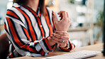 Tech, woman and hands in office with wrist pain from fatigue, fibromyalgia and joint inflammation. Exhausted, person and keyboard in workplace with arthritis, carpal tunnel syndrome and discomfort.