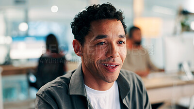 Buy stock photo Media agency, smile and man in office, reading and copywriting with creative project. Person, employee and journalist in workplace, marketing proposal or confidence with pride and career ambition