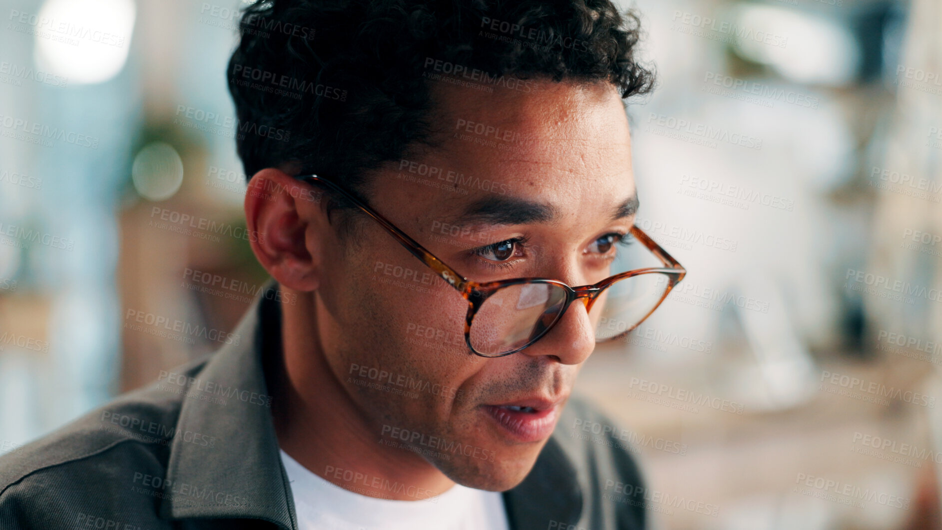 Buy stock photo Glasses, programmer or man with concentration in office for update deadline, system check or maintenance. Tech reflection, reading or engineer with server development, project or software review