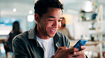 Media agency, smile and man in office, smartphone and typing with online chatting. Happy person, funny meme and journalist in workplace, cellphone and email for schedule and digital app for message