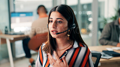 Buy stock photo Customer service, woman and talk in office with telecom for company policy info, HR onboarding or admin. Human resources consultant, coworking and discussion for business rules, protocol and support.