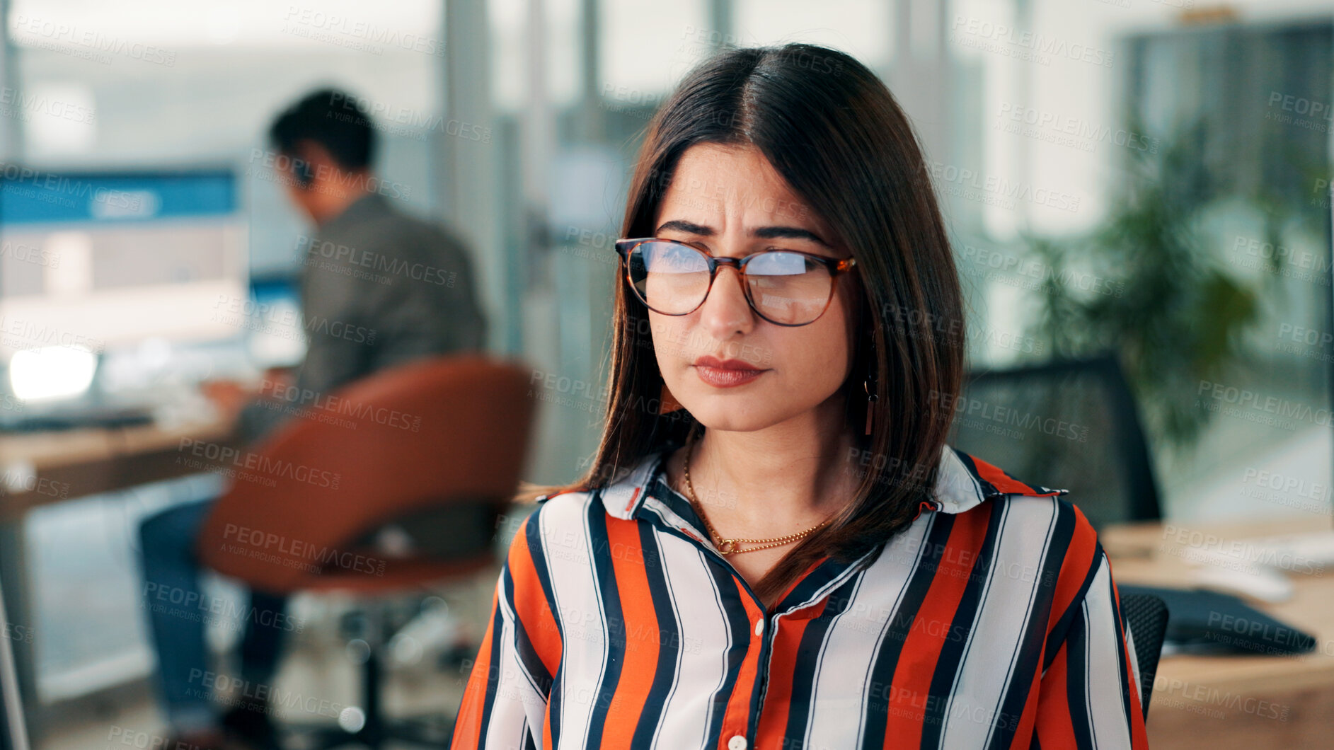 Buy stock photo Computer, problem solving and reflection with business woman in coworking office for review of info. Glasses, solution and troubleshooting with employee at work on PC for planning or research