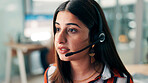 Customer service, woman or talk in call center with telecom for HR onboarding, admin or troubleshooting. Human resources agent, person and discussion for company policy, protocol and problem solving.