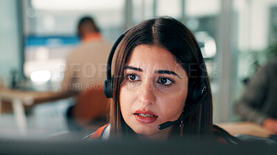 Buy stock photo Woman, worry and customer service in office with computer for discussion, troubleshooting and advice. Concerned, person and coworking in call center with desktop for problem solving, support or help.