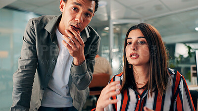 Buy stock photo Discussion, review or people in office with advice, report guidance or feedback on draft article. Collaboration, help or journalist at agency with insight, story idea or blog deadline for publication