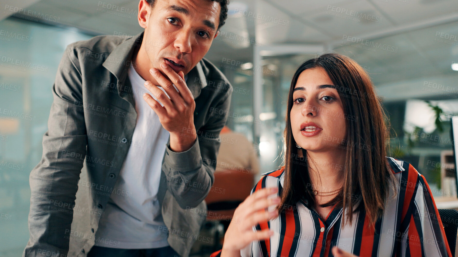 Buy stock photo Discussion, review or people in office with advice, report guidance or feedback on draft article. Collaboration, help or journalist at agency with insight, story idea or blog deadline for publication