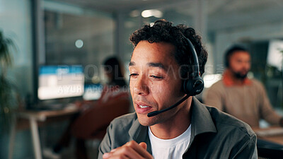 Buy stock photo Headset, talking and businessman in office at night with communication, crm or contact us. Mic, call center and technical support consultant with online consultation for customer service in workplace
