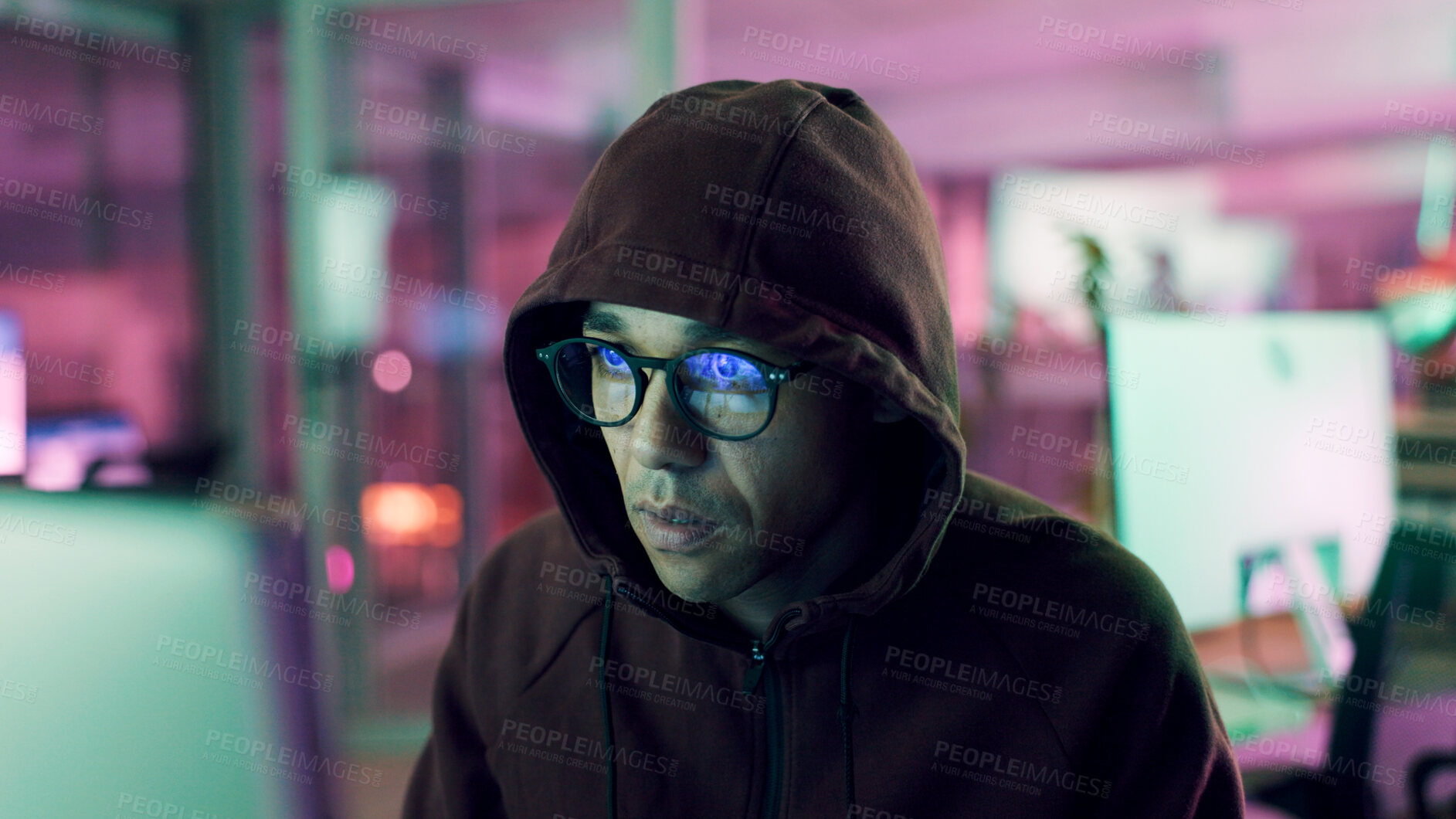 Buy stock photo Night, hacker or man with computer for encryption breach, firewall attack or cybersecurity crisis. Confidential info, system access or programmer in dark data center, tech reflection or spyware virus