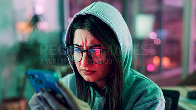 Buy stock photo Night, hacker and woman with smartphone, stress and online reading with phishing scam. Person, glasses and programmer with cellphone, reflection and privacy with fraud notification, app or ransomware