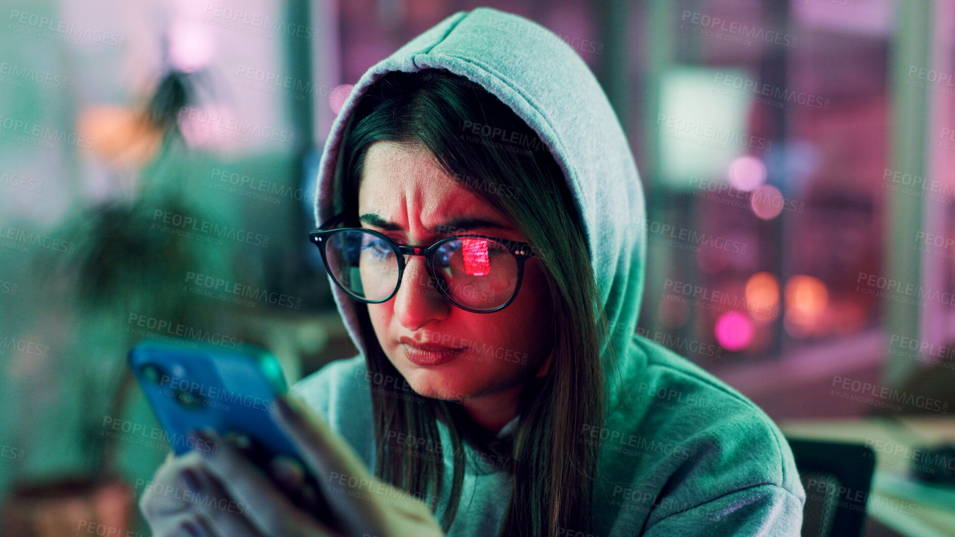 Buy stock photo Night, hacker and woman with smartphone, stress and online reading with phishing scam. Person, glasses and programmer with cellphone, reflection and privacy with fraud notification, app or ransomware