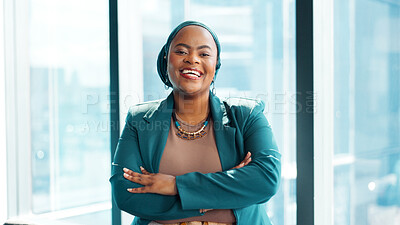 Buy stock photo Journalist, portrait or black woman in office with arms crossed, experience or pride in media profession. Happy, creative or female person in agency with confidence, press or career in news industry.