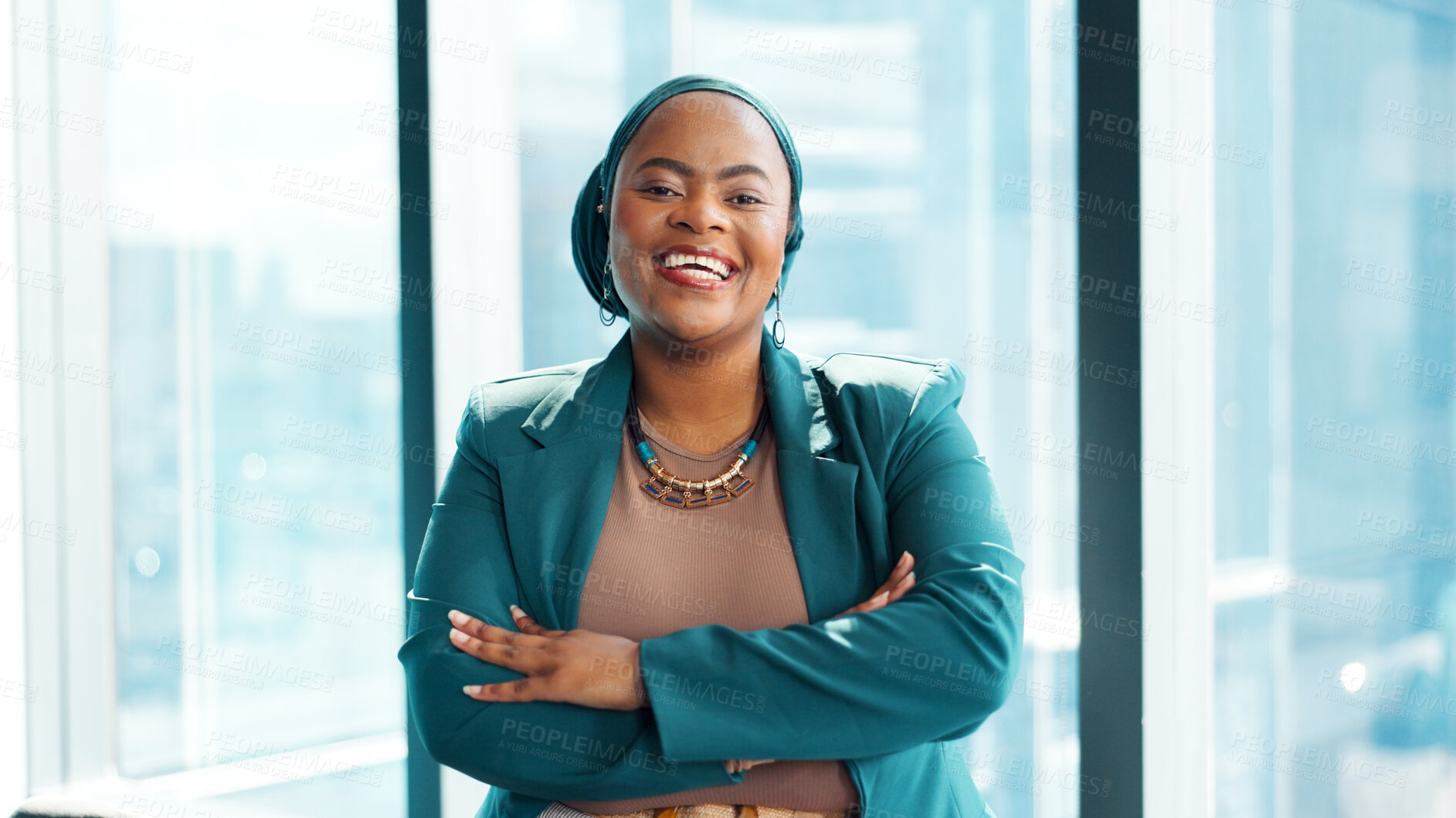 Buy stock photo Journalist, portrait or black woman in office with arms crossed, experience or pride in media profession. Happy, creative or female person in agency with confidence, press or career in news industry.
