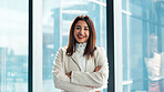 Stylist, portrait or Indian woman in office with arms crossed, experience or pride in fashion development. Happy, creative or designer in agency with confidence, about us or job in clothing industry.