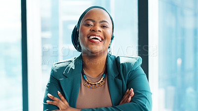 Buy stock photo Fashion, portrait or black woman in office with arms crossed, experience or pride in style development. Smile, creative or designer in agency with confidence, about us or job in clothing industry.