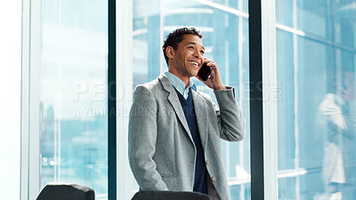 Buy stock photo Phone call, smile and thinking with business man in glass office for financial feedback or update. Conversation, finance and idea with happy employee in workplace for accounting or risk management