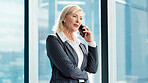 Phone call, smile and thinking with business woman in glass office for financial feedback or update. Conversation, finance and idea with mature employee in workplace for accounting or risk management