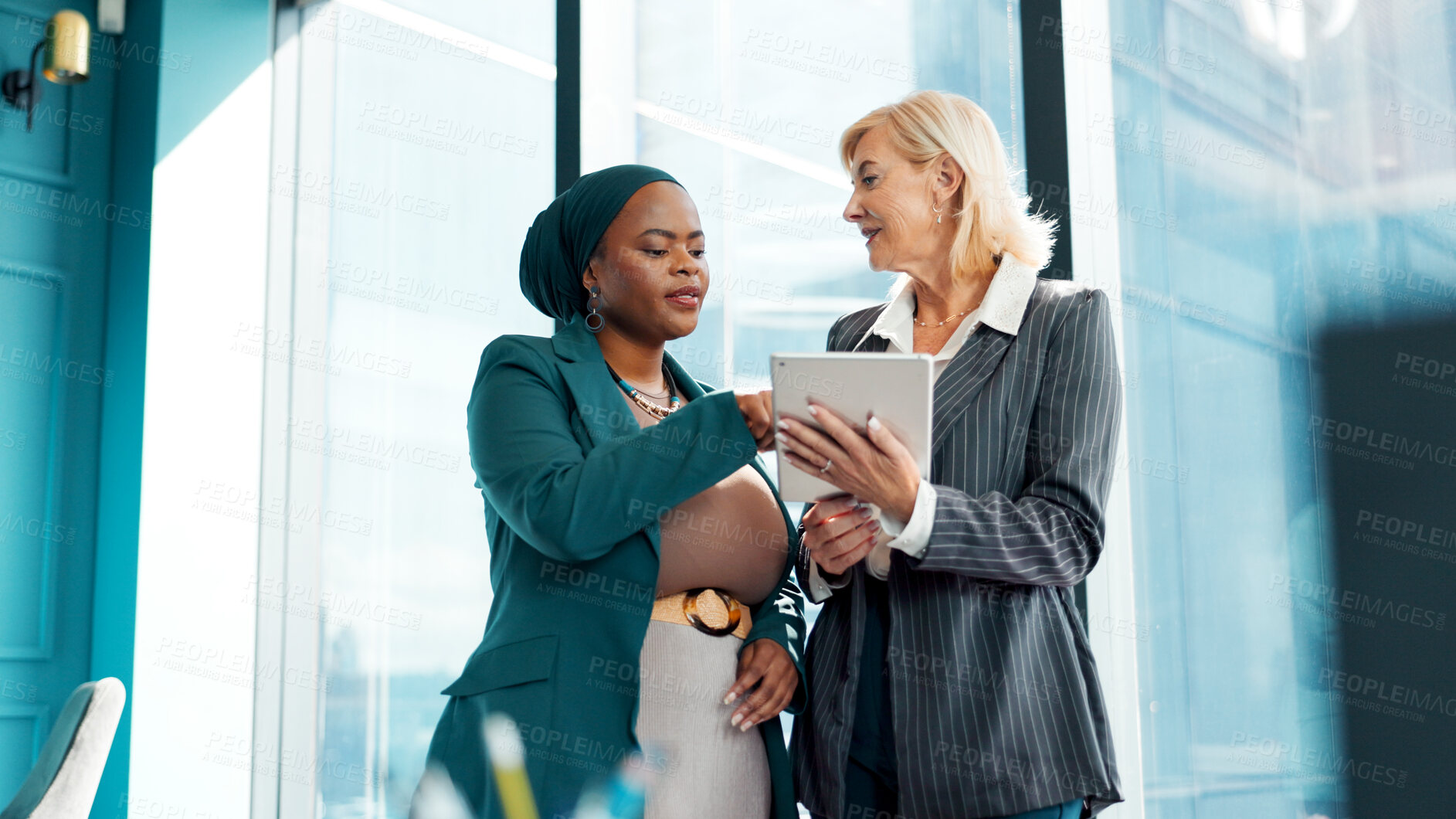 Buy stock photo Tablet, business people and lawyer in office with discussion for advocacy, legal case and manager advice. Women, tech and conversation with attorney management for lawsuit plan, feedback and justice.