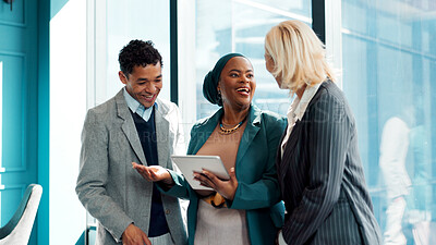 Buy stock photo Laughing, business people or lawyer in office with tablet for advocacy, legal talk or manager advice. Happy, team discussion and tech with attorney management for lawsuit plan, feedback and equality.