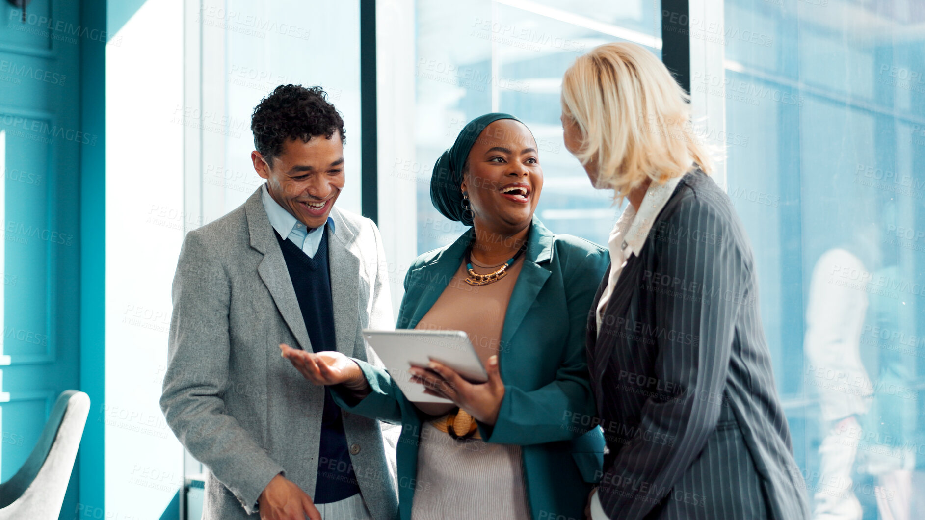 Buy stock photo Laughing, business people or lawyer in office with tablet for advocacy, legal talk or manager advice. Happy, team discussion and tech with attorney management for lawsuit plan, feedback and equality.