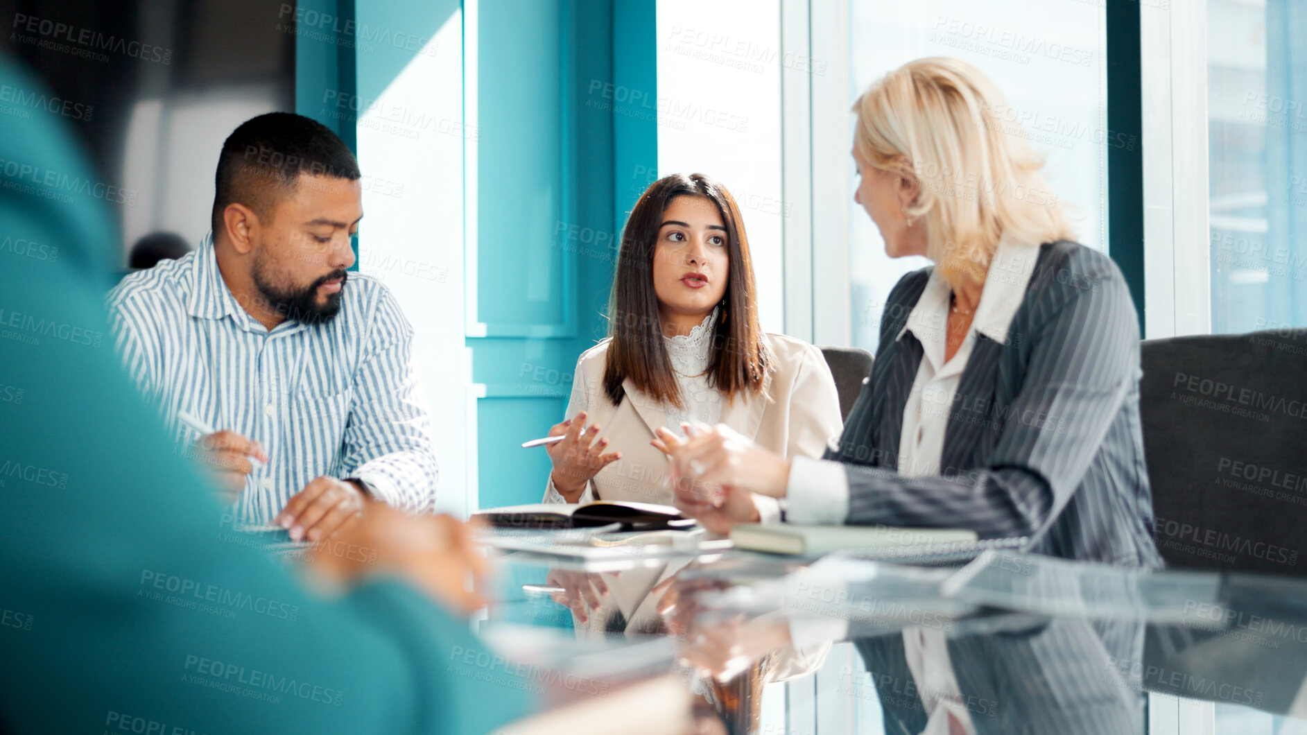 Buy stock photo Review, meeting or people in office with notes, collaboration or market research for brand image. Teamwork, talk or creative director in agency with book, plan or feedback for business identity.