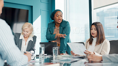 Buy stock photo Collaboration, documents and meeting with business people in boardroom for financial discussion. Conversation, finance and paperwork with employee team in office for review of data, charts or graphs