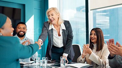 Buy stock photo Business meeting, people and handshake in boardroom for deal, advertising contract and brand partnership. Applause, marketing team and shaking hands with client for agreement, cooperation and welcome