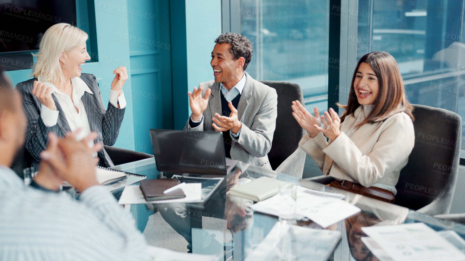 Buy stock photo Applause, collaboration and meeting with business people in boardroom for financial success. Celebration, finance and motivation with employee team clapping in office for goals, milestone or target