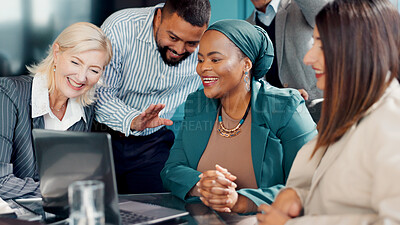 Buy stock photo Greeting, laptop and video call with business people in boardroom for financial webinar or workshop. Collaboration, computer and wave with happy employee team in corporate office for virtual meeting