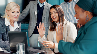 Buy stock photo Laptop, video call and wave with business people in boardroom for financial webinar or workshop. Collaboration, computer and greeting with happy employee team in corporate office for virtual meeting