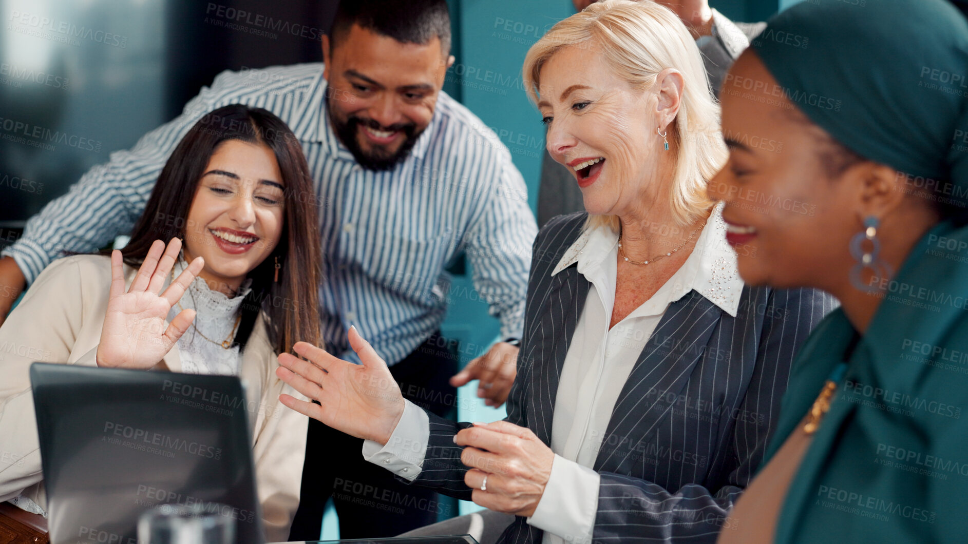 Buy stock photo Laptop, video call and wave with business people in office for financial webinar or workshop. Computer, greeting and smile with happy employee team in workplace boardroom together for virtual meeting