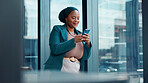Business, phone and text message with black woman in glass office for financial feedback or update. App, finance and typing with happy African employee in workplace for accounting or risk management