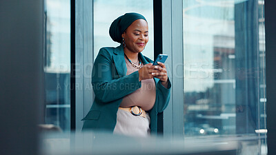 Buy stock photo Business, phone and text message with black woman in glass office for financial feedback or update. App, finance and typing with happy African employee in workplace for accounting or risk management