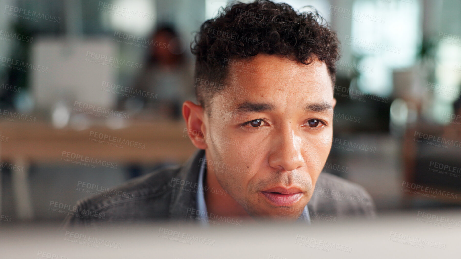 Buy stock photo Computer, research and businessman in office with reading for review on creative project. Technology, thinking and male magazine editor with article for publishing with ideas online in workplace.