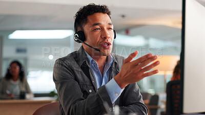 Buy stock photo Computer, call center agent and man with technical support, question or problem solving. IT hotline, technology and consultant speaking to customer for service, software solution or feedback for help