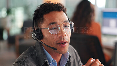 Buy stock photo Man, headset and talk for consultation in call centre for customer service, online query and billing. Male agent, explaining and consulting for payment plan, assistance and advice for refund request