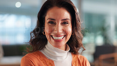 Buy stock photo Portrait, smile and business woman in office, confident journalist and about us. Professional, mature employee and creative editor in chief with experience, career pride and startup in New Zealand