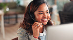 Call center, mic and woman with computer for telemarketing, sales or feedback. Technology, consultant and African person with headset for outbound communication, lead generation and smile in office