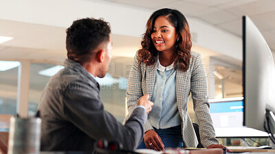 Buy stock photo Business woman, discussion and meeting with man in office, project management or advice for intern training. Conversation, manager and trainee with feedback or help with team tasks in workplace