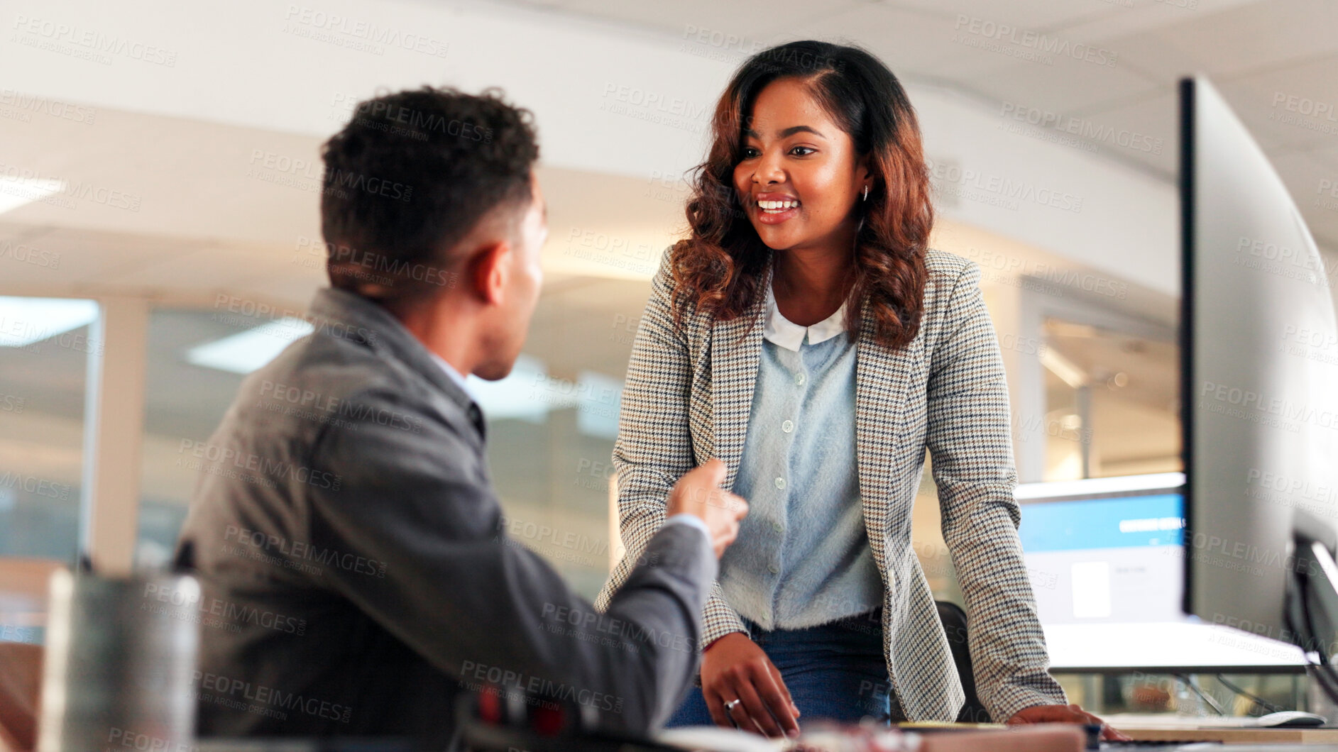 Buy stock photo Business woman, discussion and meeting with man in office, project management or advice for intern training. Conversation, manager and trainee with feedback or help with team tasks in workplace