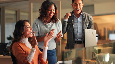 Buy stock photo Applause, computer and fist pump with business people in office at night for bonus or victory. Celebration, motivation and winner with employee team at work for goals, milestone or target in evening