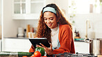 Cooking, woman and recipe with tablet in kitchen, vegetables and tips for research and instructions. Home, scroll and person with tech for meal prep, ingredients and planning for dinner on website
