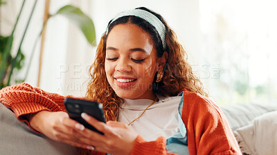 Buy stock photo Woman, online and texting with smartphone, lounge and communication with contact on social media app. Typing, message and person with mobile for chat, relax and browsing on website, break and home