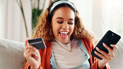 Buy stock photo Credit card, phone and excited with woman on sofa for online shopping, ecommerce and sale. Digital payment, banking website and person in living room of home for deal, transaction or subscription