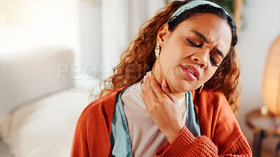 Buy stock photo Neck pain, frustrated or woman in house with massage, burnout or joint inflammation in muscle injury. Tendinitis, bad posture or girl in home with discomfort, stiffness or fatigue in cervical sprain.