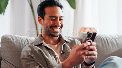 Buy stock photo Smile, phone and man relax in home for online dating, social media profile and post. Mobile, sofa and happy person in living room for communication with contact, typing and romance match on internet