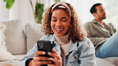 Buy stock photo Couple, woman and laugh on sofa with phone for viral social media meme, text message and joke. Married, person smile and scroll with tech in home for online communication, internet humor and comedy.