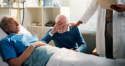 Buy stock photo Stress, old people and doctor with bad news in hospital bed for loss, comfort and passing of partner. Grief, medical worker or sympathy to senior husband in clinic for condolences or deceased patient