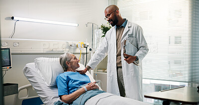 Buy stock photo Doctor, smile and senior woman in hospital bed for recovery, good news and medical feedback. Elderly patient, professional and document with discussion for progress, test results and health support